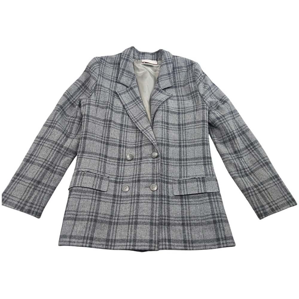 Pendleton‎ Blazer Womens Petite Grey Plaid Wool Double Breasted Vintage Academic